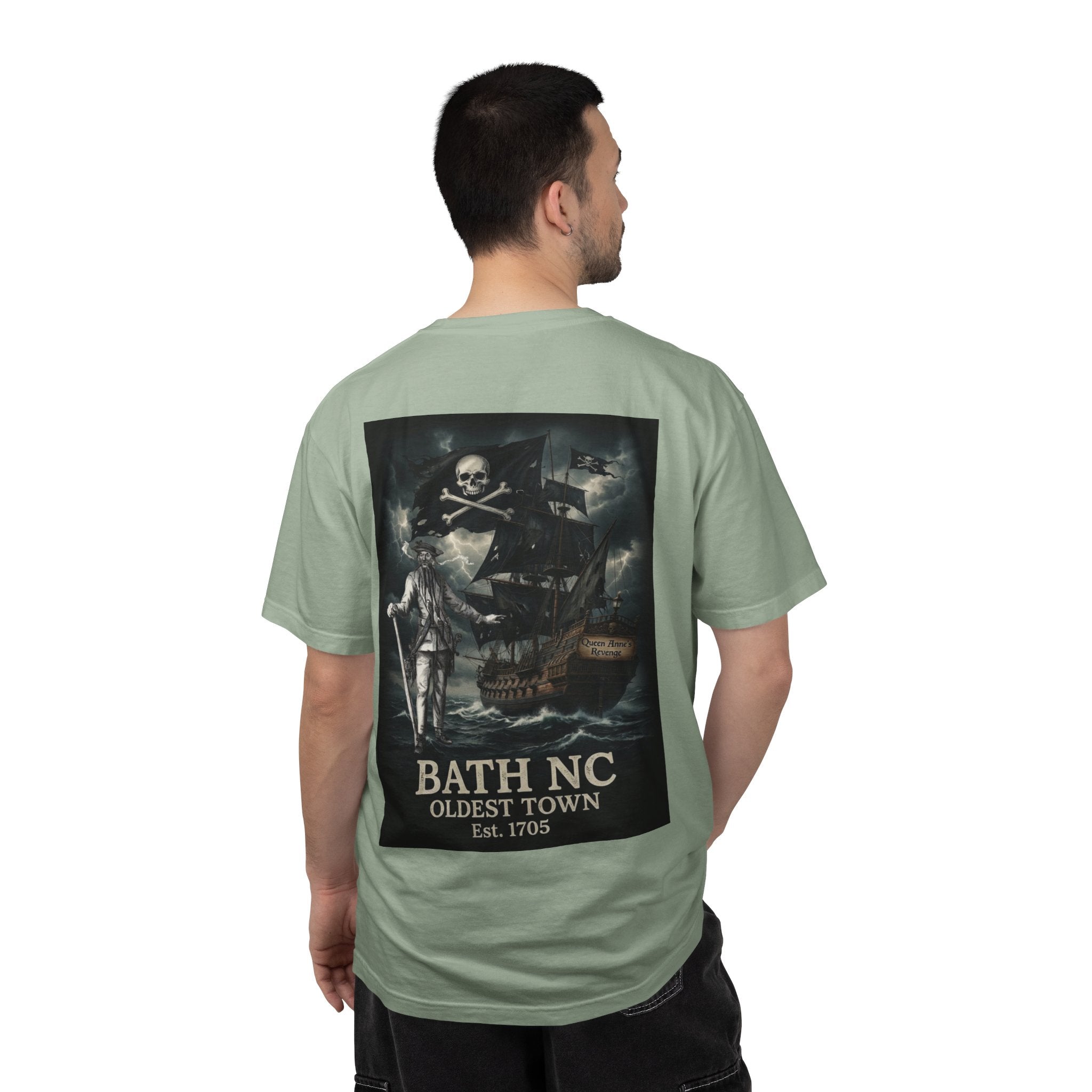 Blackbeard and his Pirate Ship Bath NC T-Shirt — "Bath NC Oldest Town Est. 1705" Graphic Tee