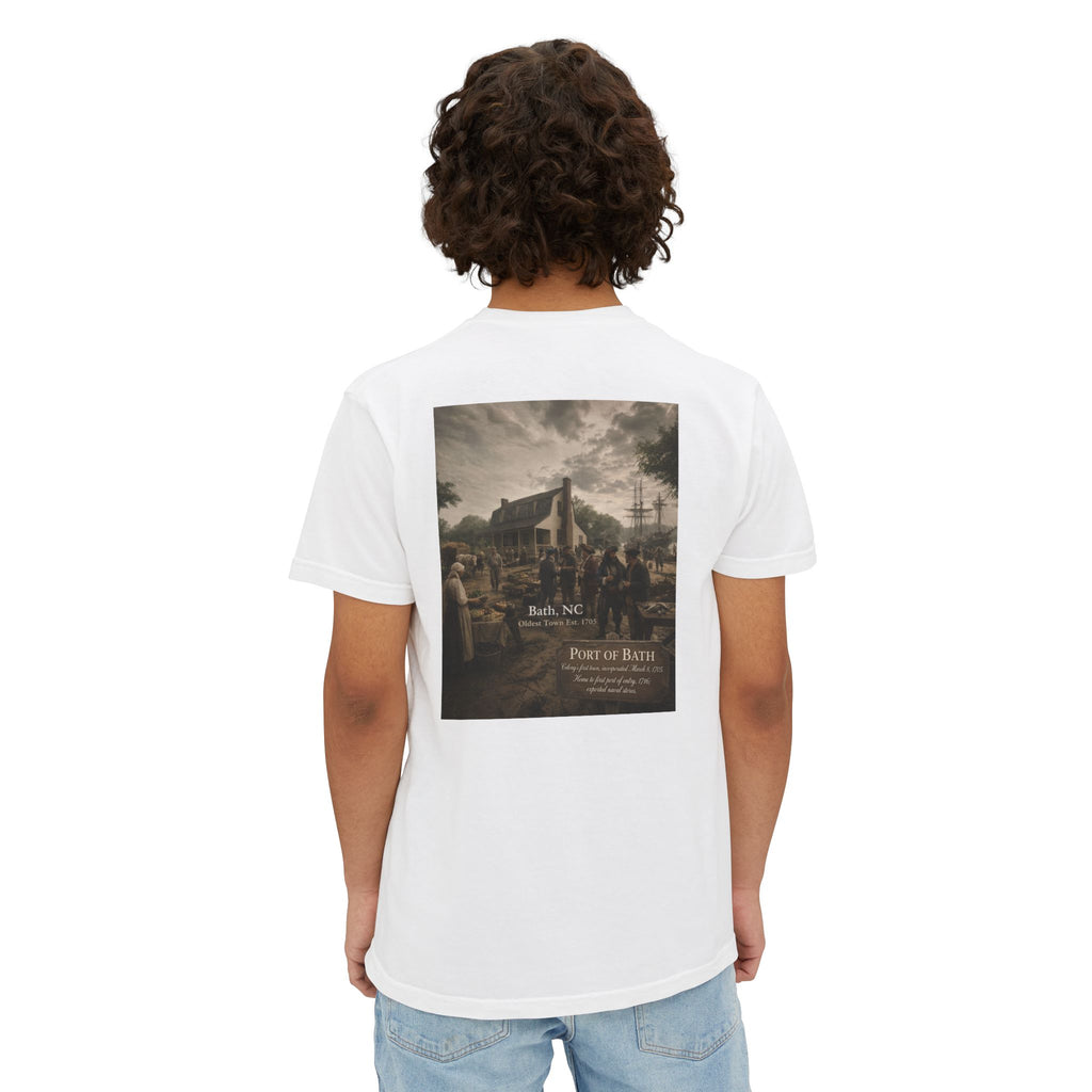 Pocket T‑Shirt — Vintage Port of Bath, NC Scenic Print