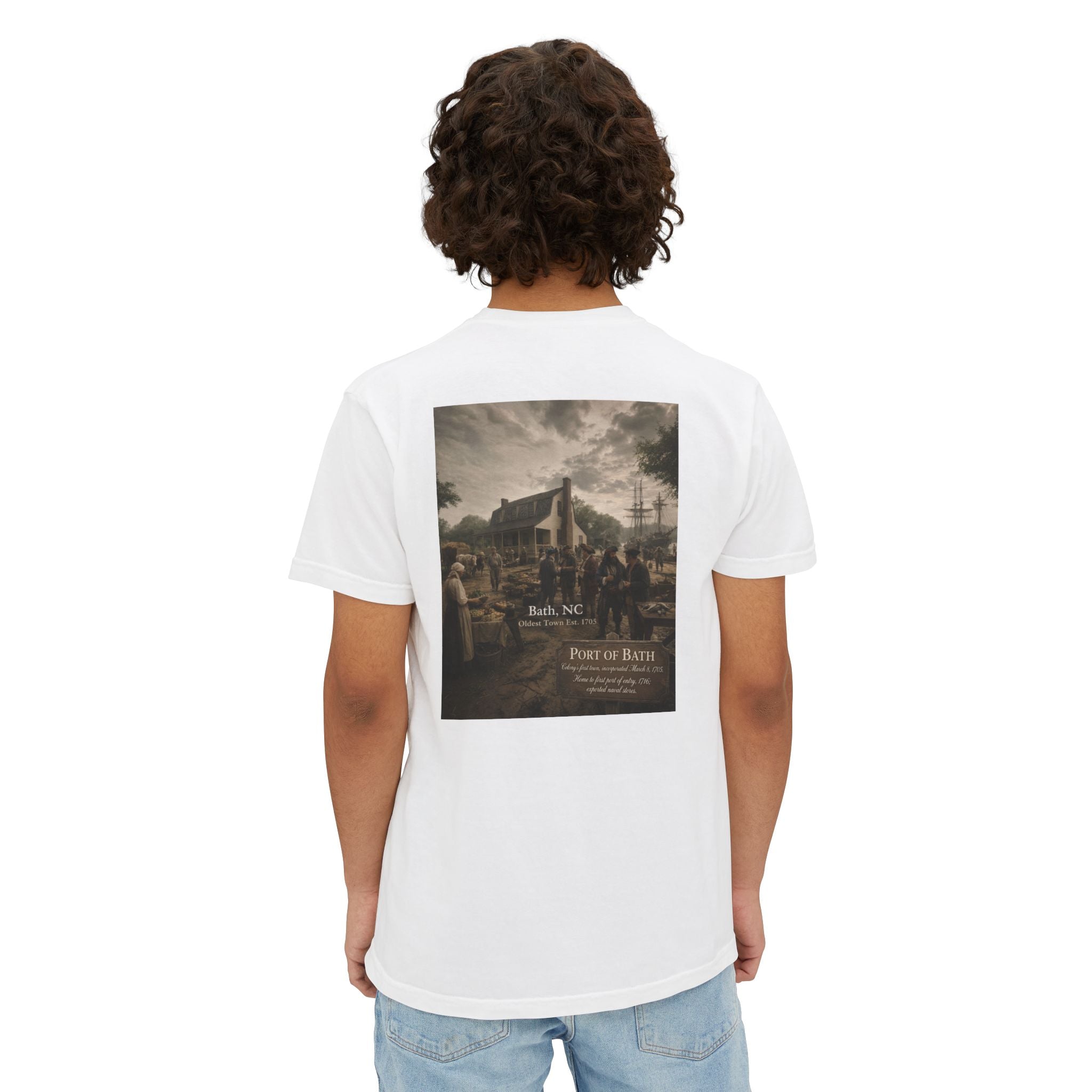 Pocket T‑Shirt — Vintage Port of Bath, NC Scenic Print