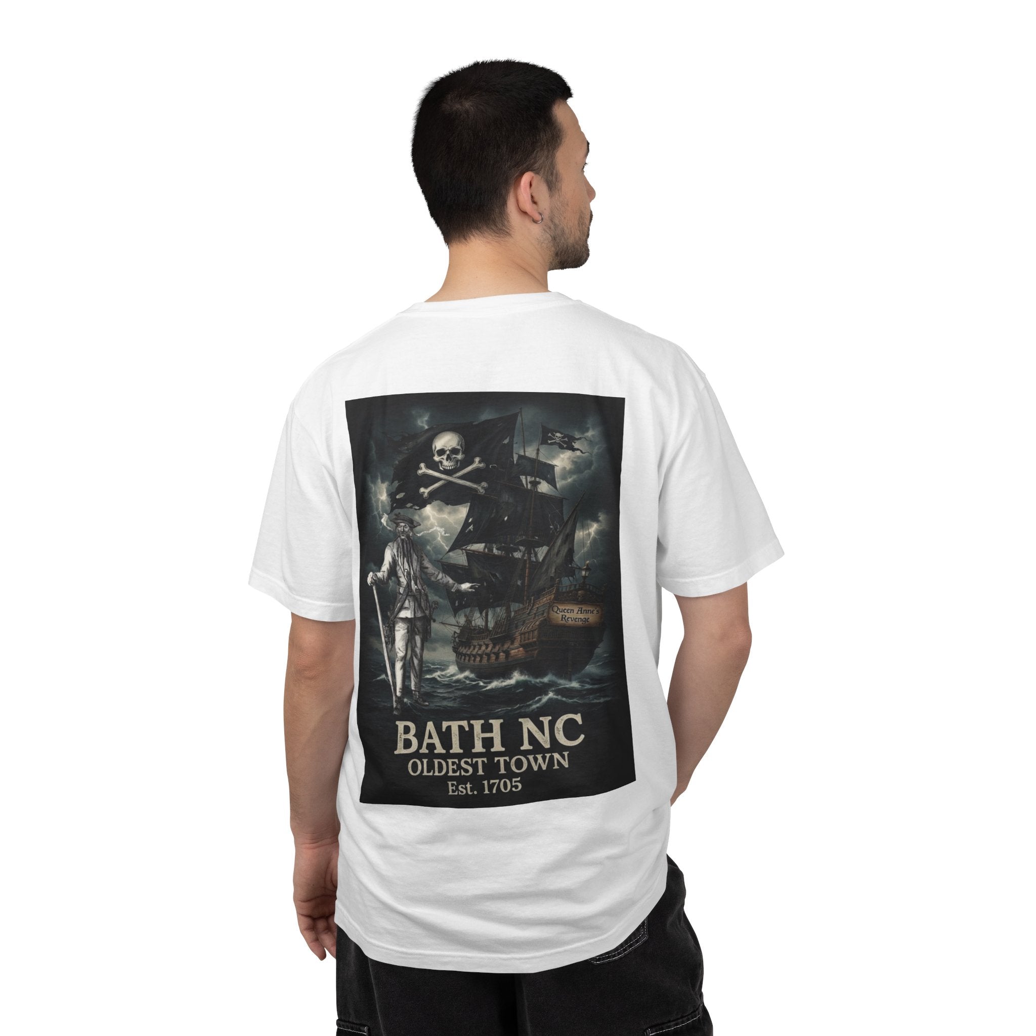 Blackbeard and his Pirate Ship Bath NC T-Shirt — "Bath NC Oldest Town Est. 1705" Graphic Tee