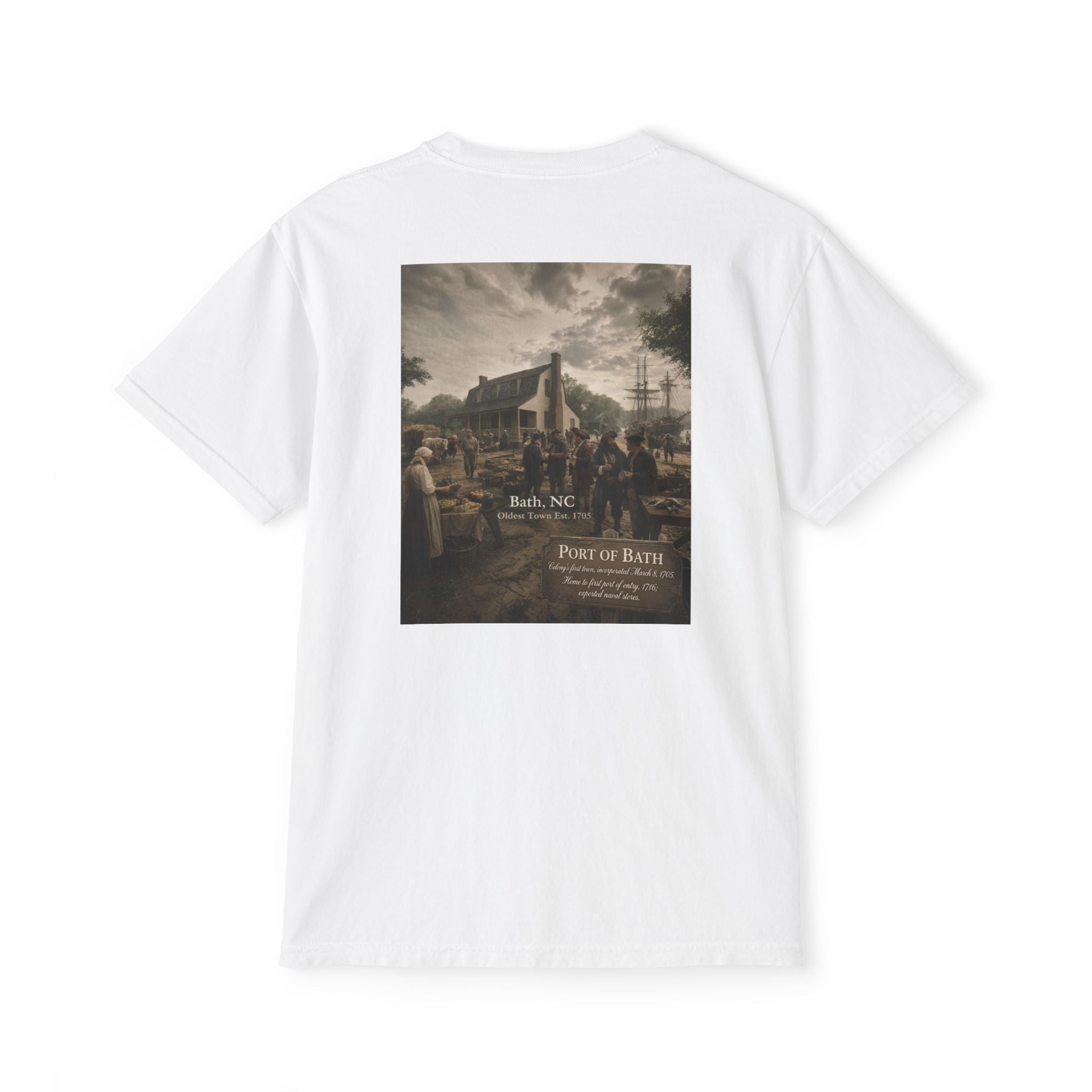 Pocket T‑Shirt — Vintage Port of Bath, NC Scenic Print