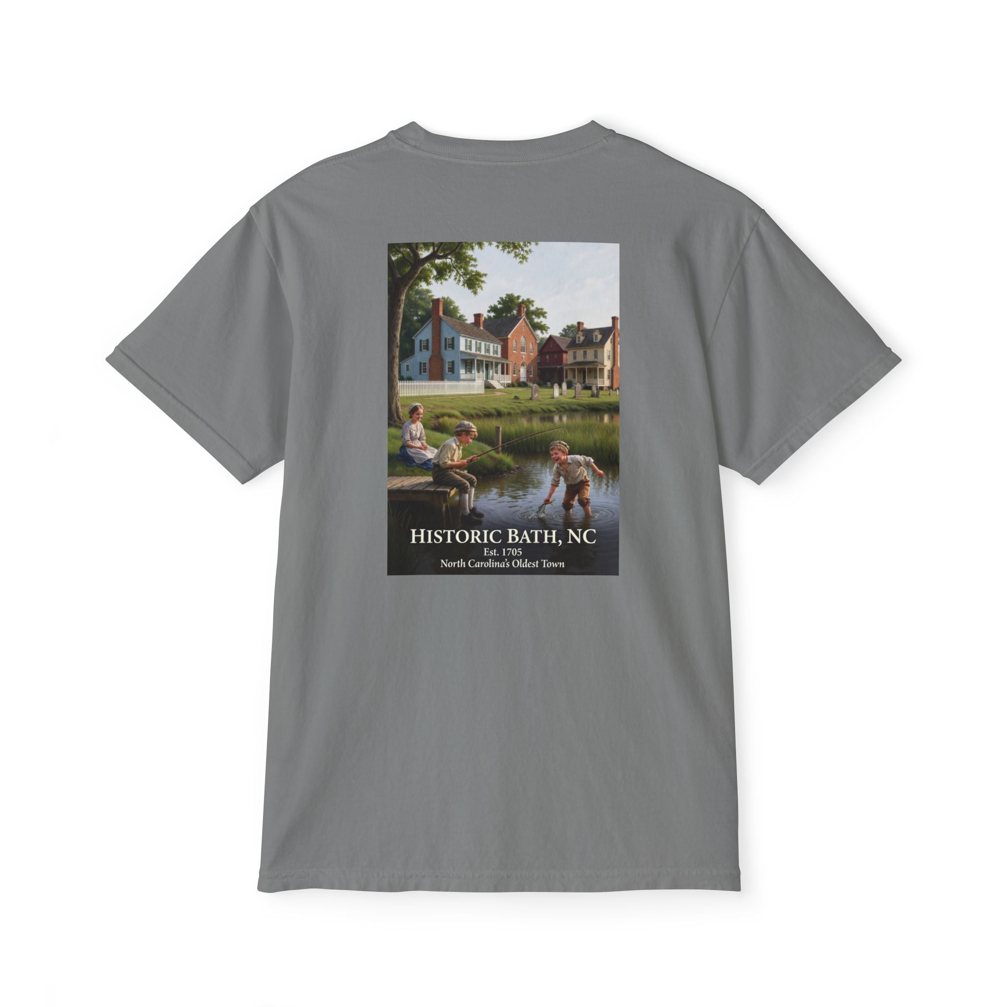 Historic Bath, NC Pocket T‑Shirt — Colonial Kids Fishing Graphic Tee