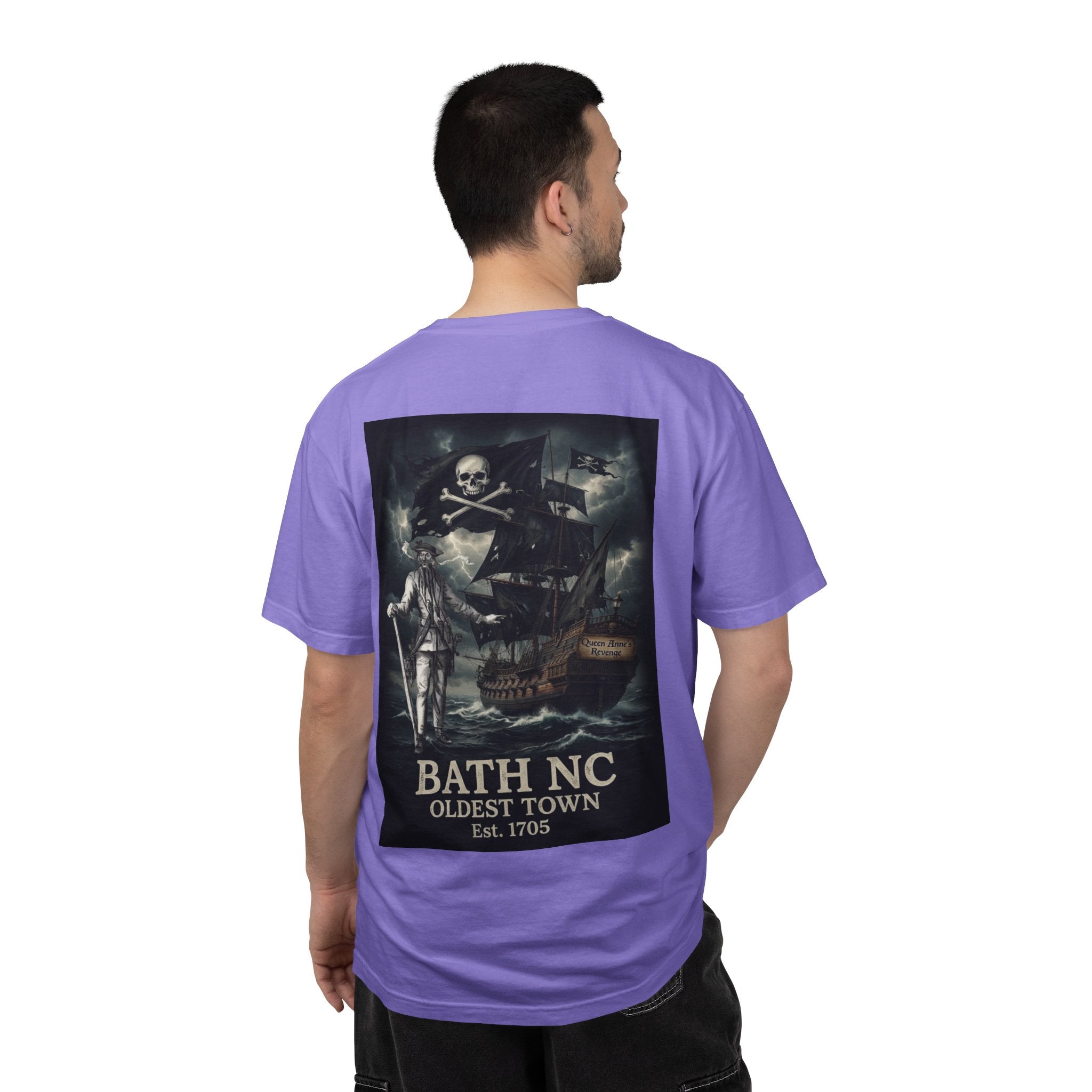 Blackbeard and his Pirate Ship Bath NC T-Shirt — "Bath NC Oldest Town Est. 1705" Graphic Tee