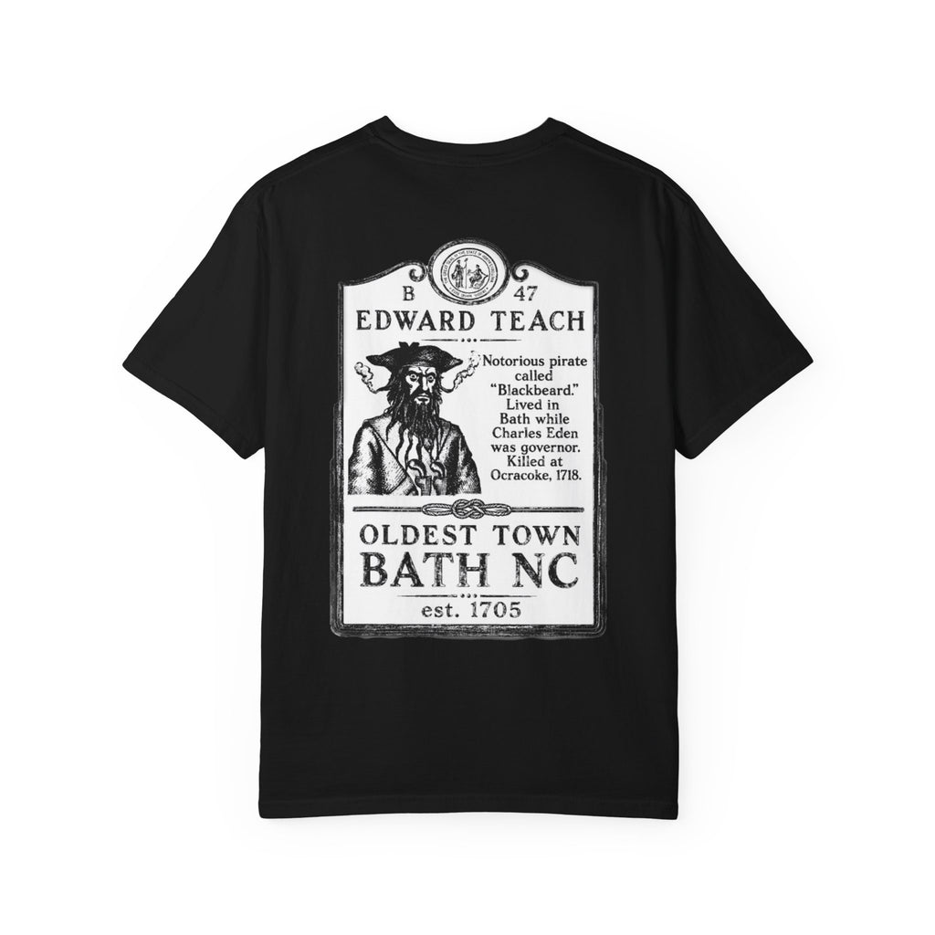 Edward Teach (Blackbeard) Pirate T-Shirt — Bath NC Historic Sign Graphic