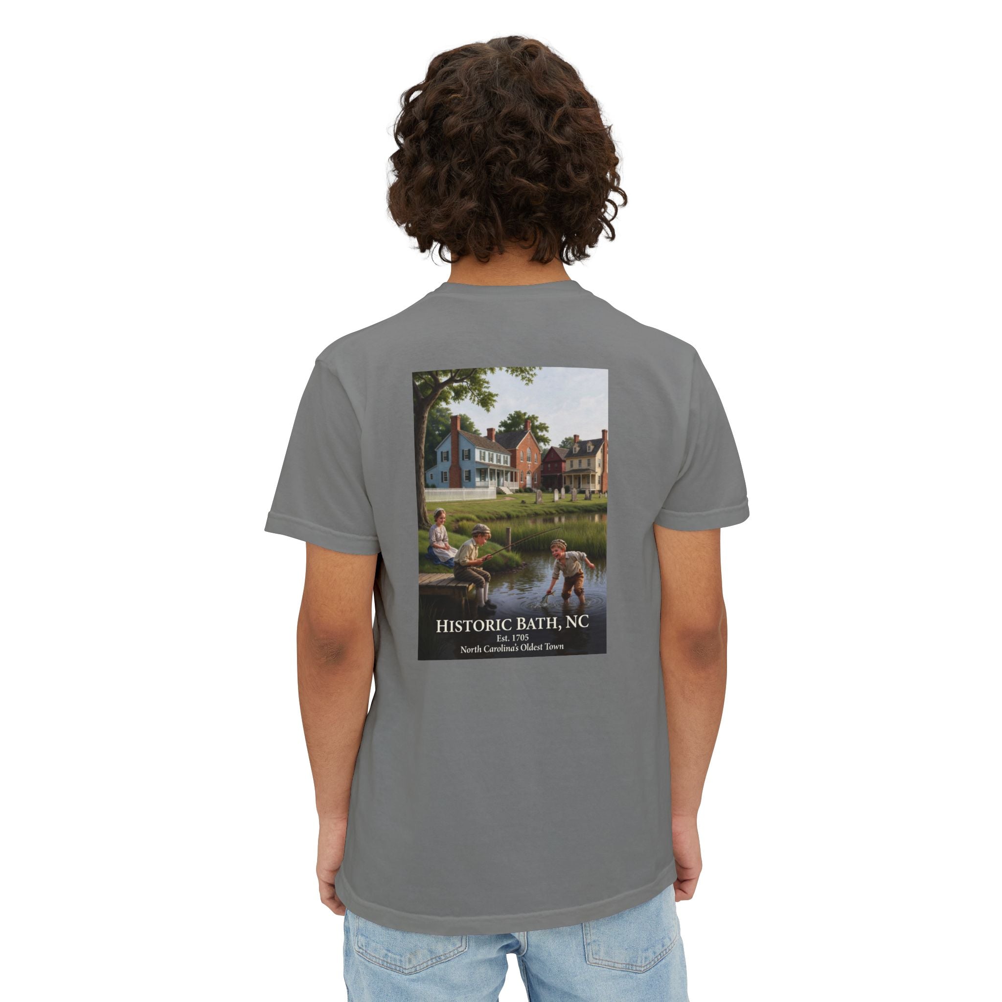 Historic Bath, NC Pocket T‑Shirt — Colonial Kids Fishing Graphic Tee