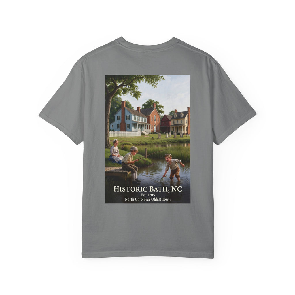 Historic Bath, NC T-Shirt — Kids Fishing Vintage Town Scene Tee