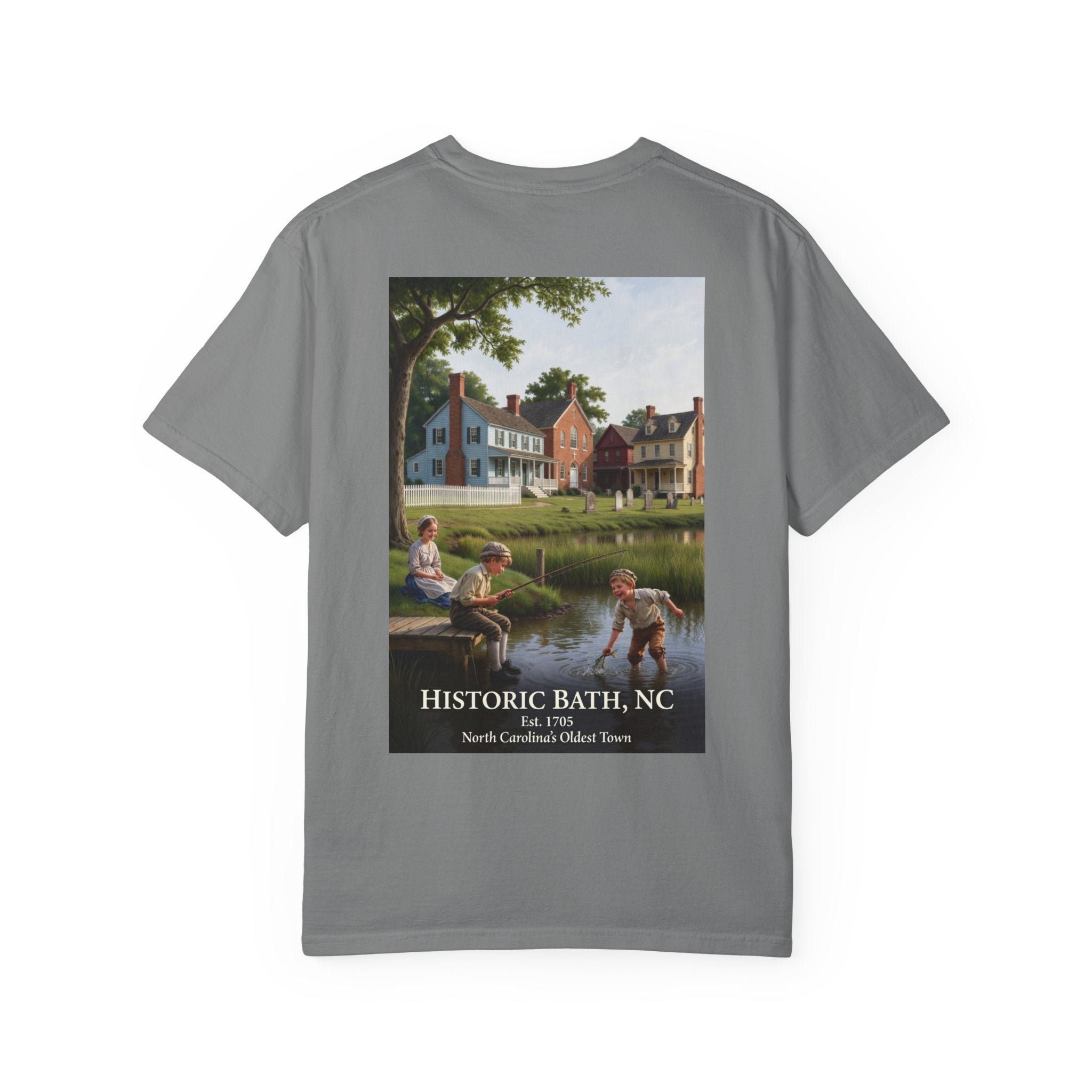 Historic Bath, NC T-Shirt — Kids Fishing Vintage Town Scene Tee