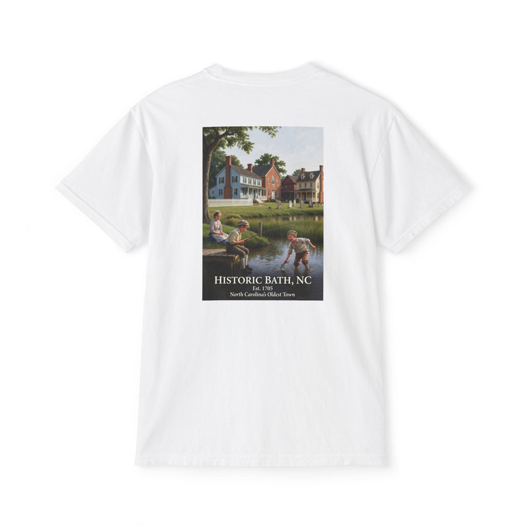 Historic Bath, NC Pocket T‑Shirt — Colonial Kids Fishing Graphic Tee