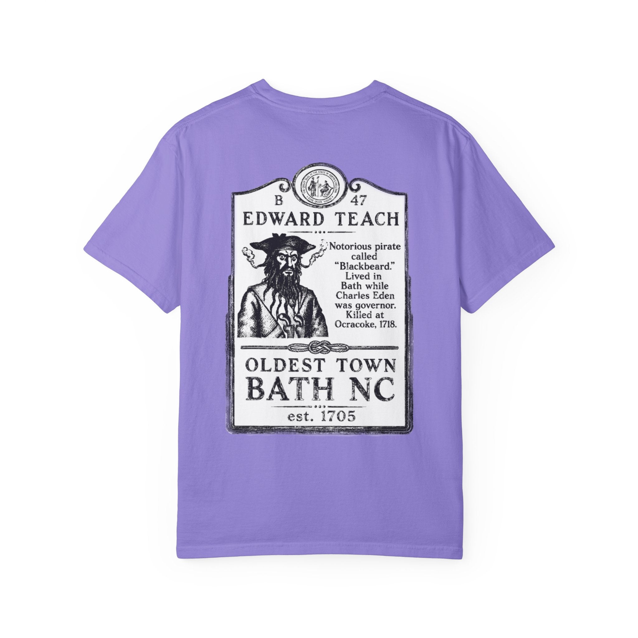 Edward Teach (Blackbeard) Pirate T-Shirt — Bath NC Historic Sign Graphic
