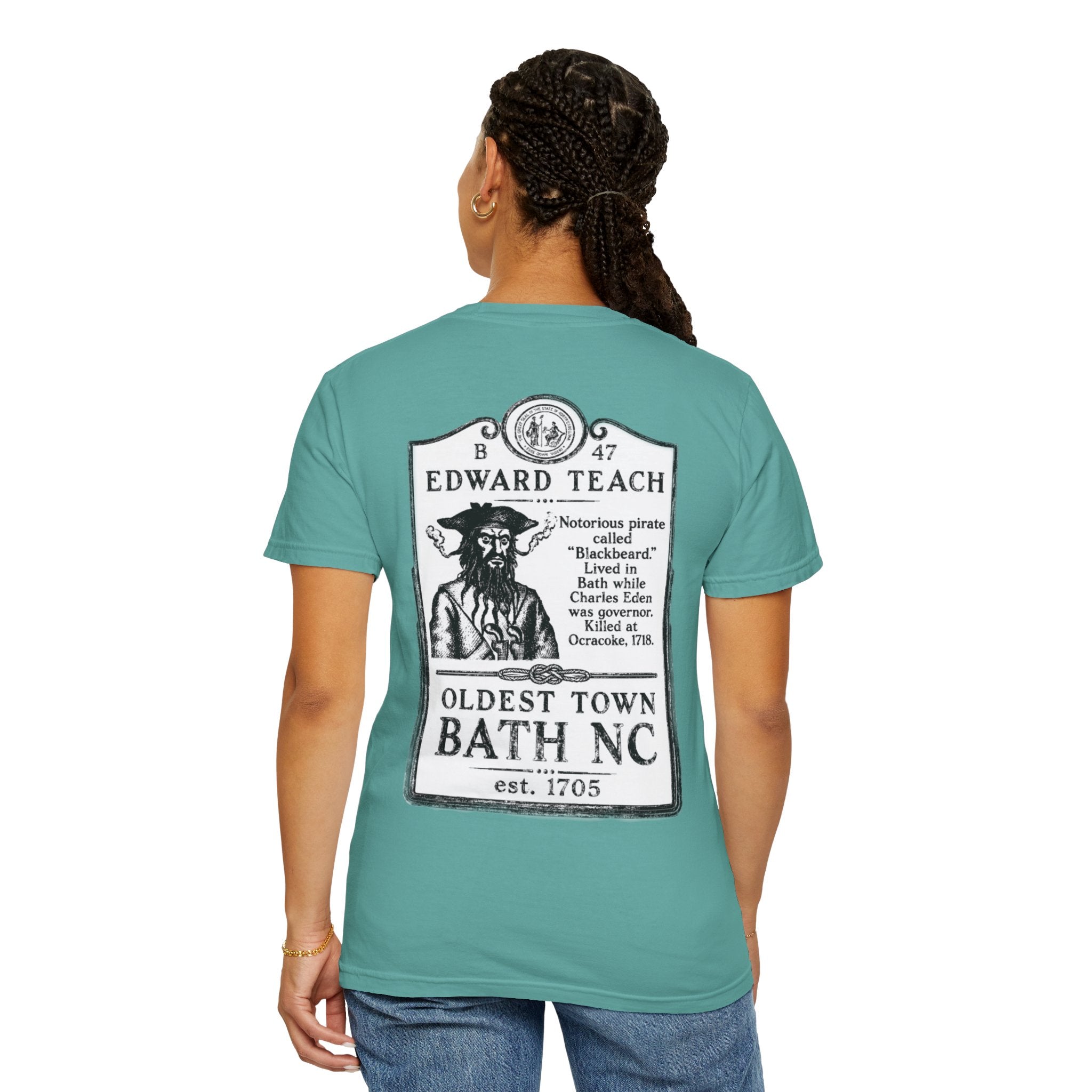 Edward Teach (Blackbeard) Pirate T-Shirt — Bath NC Historic Sign Graphic