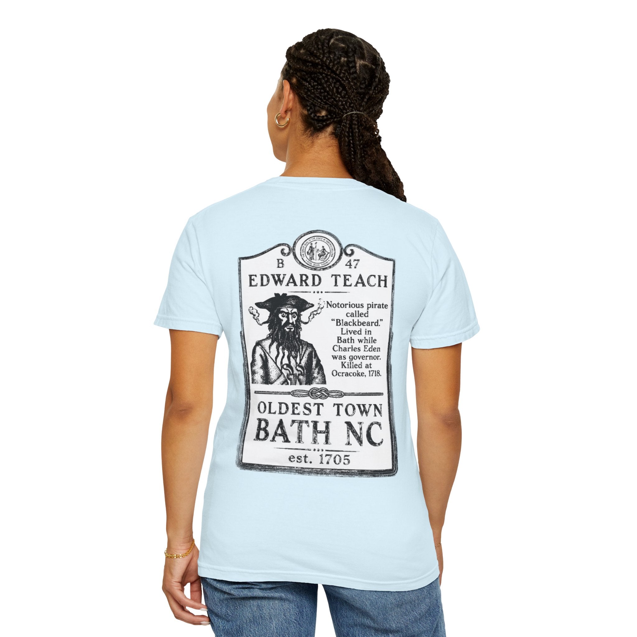 Edward Teach (Blackbeard) Pirate T-Shirt — Bath NC Historic Sign Graphic