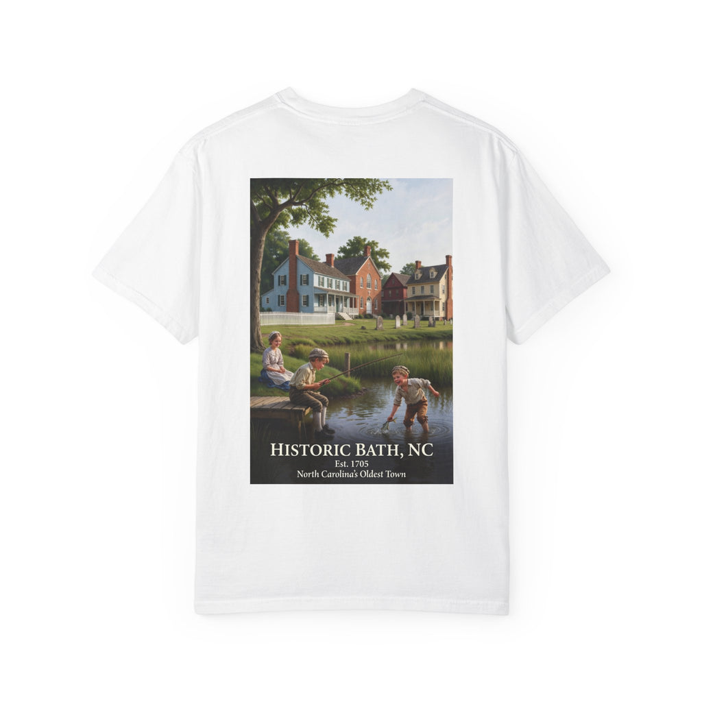 Historic Bath, NC T-Shirt — Kids Fishing Vintage Town Scene Tee