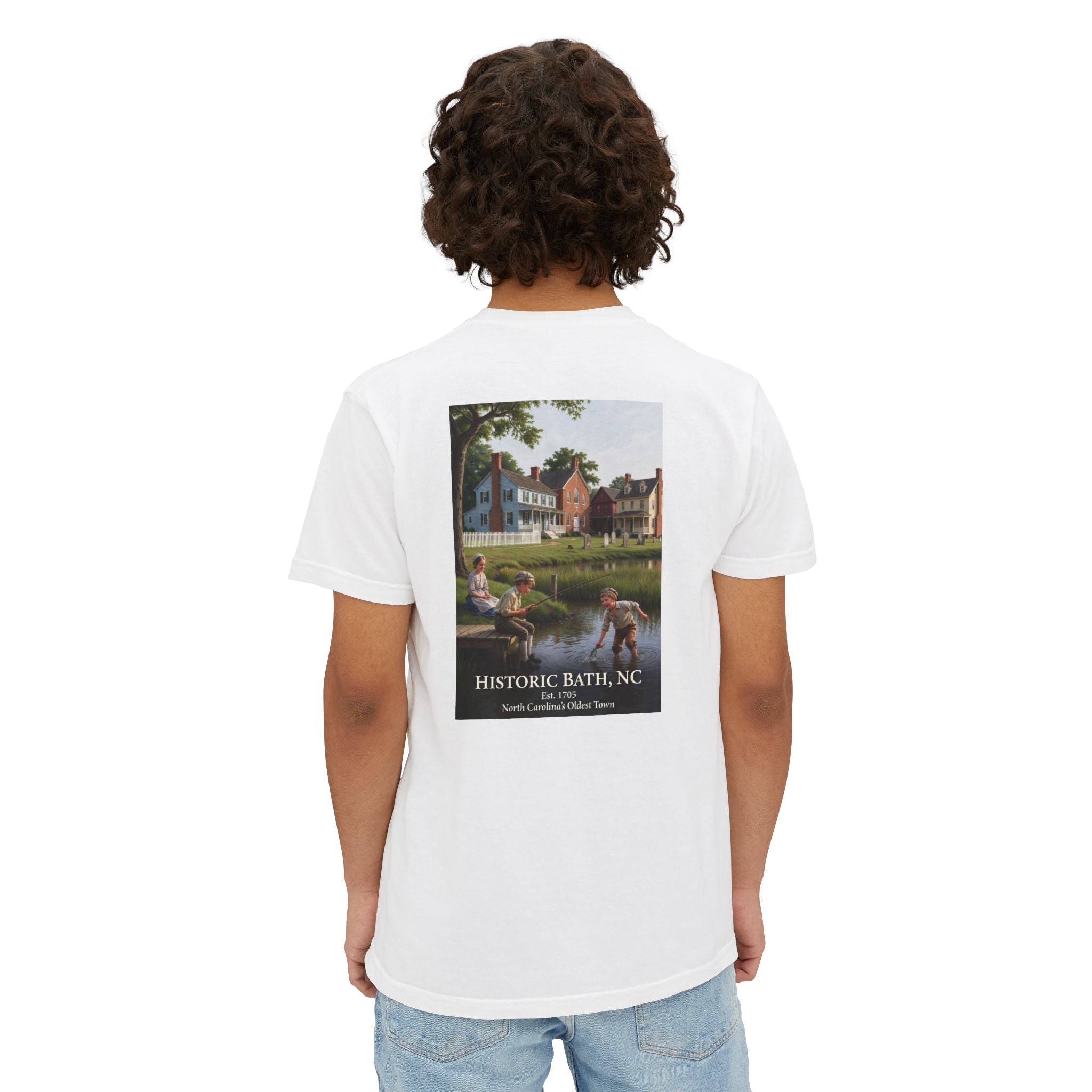 Historic Bath, NC Pocket T‑Shirt — Colonial Kids Fishing Graphic Tee